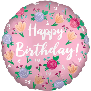 Фольгована фігура 18" (45см) "Happy Birthday з квітами" рожева (китай) 8748 фото